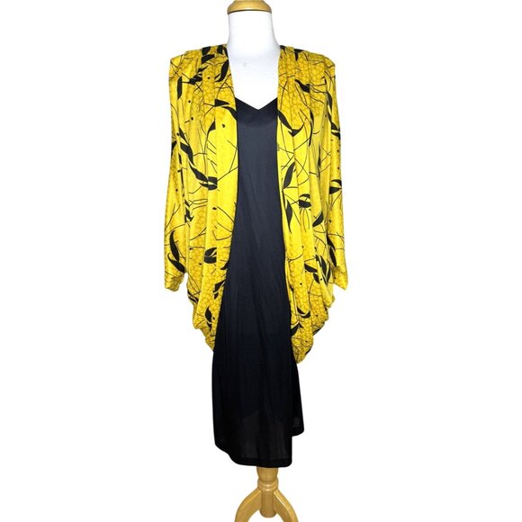 Vintage 80s 2-Piece Dress & Kimono Set, Yellow Kimono, Slinky Tank Dress - Picture 1 of 8